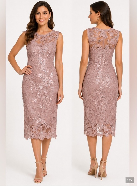 Tadashi Shoji Dresses & Skirts - Tadashi Shoji Blush Pink Sequin Floral Lace Midi Dress Cocktail Wedding Size 4